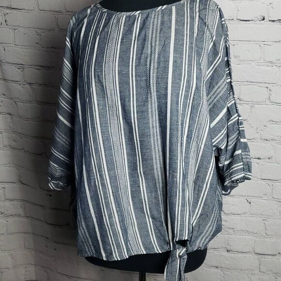 Time and Tru Navy Blue and White Stripped Blouse - Picture 3 of 10